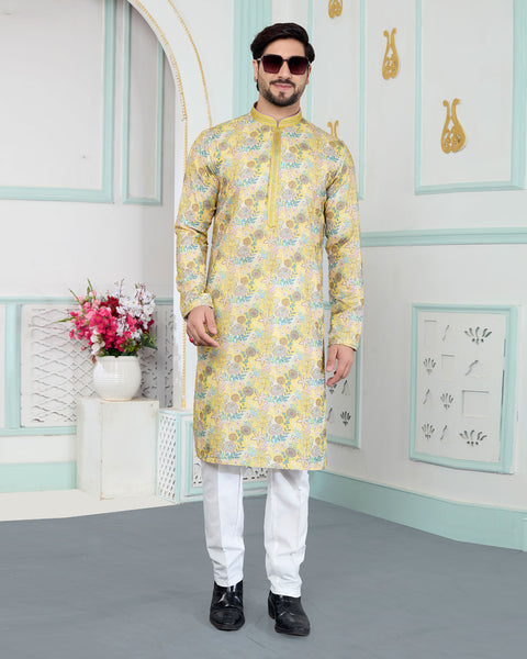 Yellow & White Art Silk Men Kurta Pajama Set