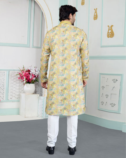Yellow & White Art Silk Men Kurta Pajama Set