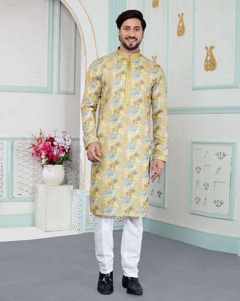 Yellow & White Art Silk Men Kurta Pajama Set