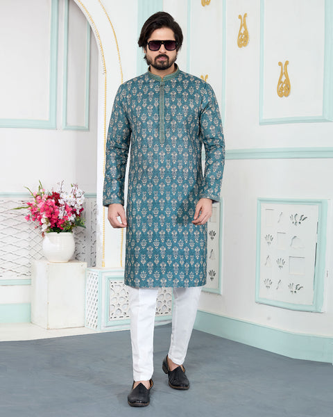 Green & White Art Silk Men Kurta Pajama Set