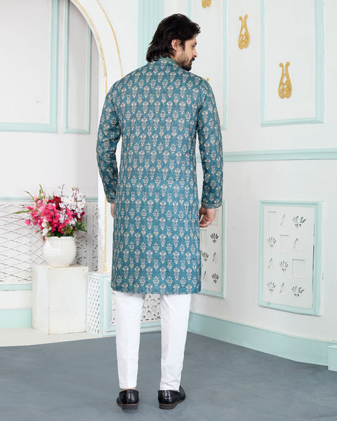Green & White Art Silk Men Kurta Pajama Set