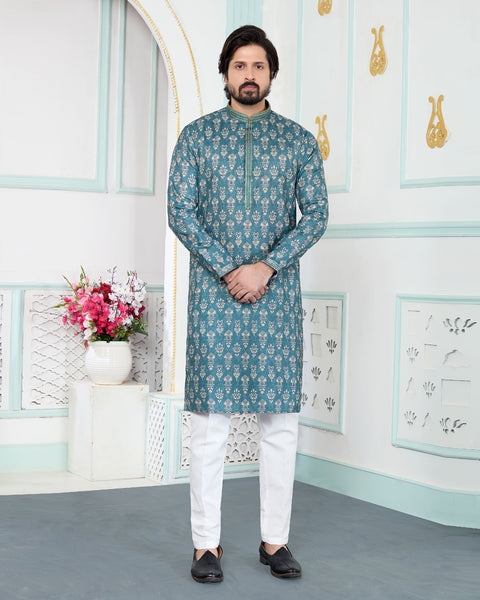 Green & White Art Silk Men Kurta Pajama Set