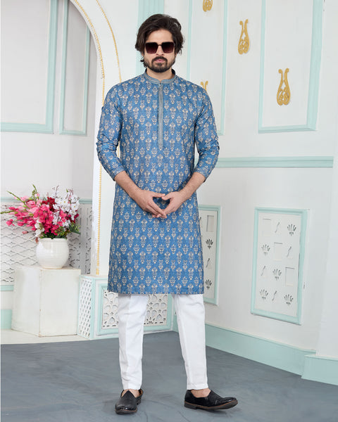 Blue & White Art Silk Men Kurta Pajama Set