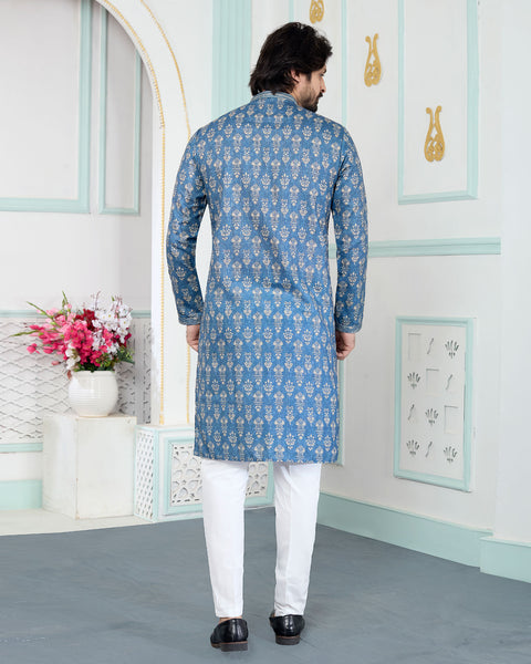 Blue & White Art Silk Men Kurta Pajama Set
