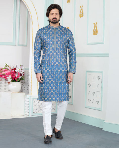 Blue & White Art Silk Men Kurta Pajama Set