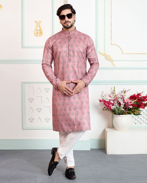 Pink & White Art Silk Men Kurta Pajama Set