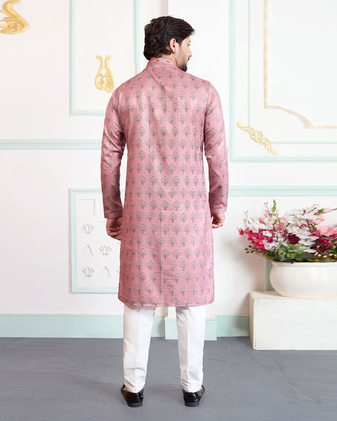 Pink & White Art Silk Men Kurta Pajama Set