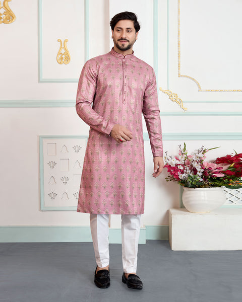 Pink & White Art Silk Men Kurta Pajama Set