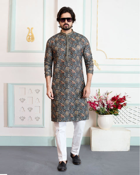 Green & White Art Silk Men Kurta Pajama Set
