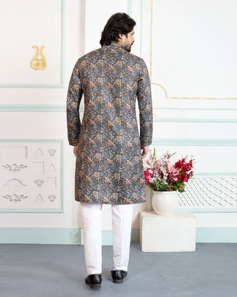Green & White Art Silk Men Kurta Pajama Set