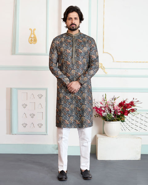 Green & White Art Silk Men Kurta Pajama Set