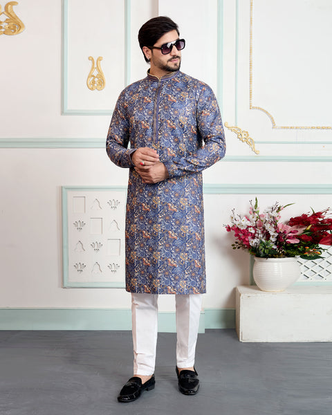 Blue & White Art Silk Men Kurta Pajama Set
