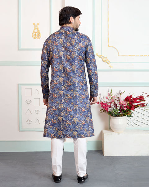 Blue & White Art Silk Men Kurta Pajama Set