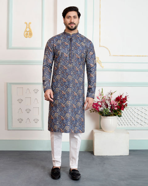 Blue & White Art Silk Men Kurta Pajama Set