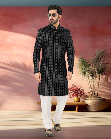 Black Velvet Man Indowestern Readymade Sherwani With Embroidery