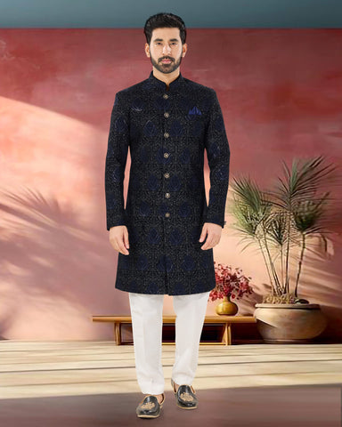 Blue Velvet Man Indowestern Readymade Sherwani With Embroidery