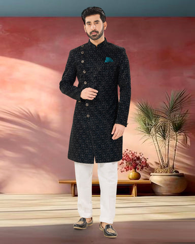 Blue Velvet Man Indowestern Readymade Sherwani With Embroidery