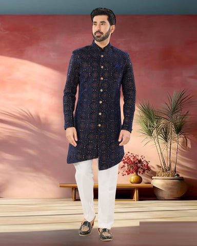 Blue Velvet Man Indowestern Readymade Sherwani With Embroidery