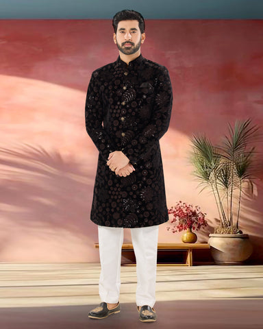 Black Velvet Man Indowestern Readymade Sherwani With Embroidery