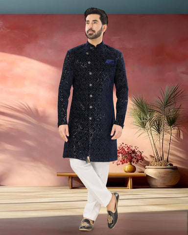 Blue Velvet Man Indowestern Readymade Sherwani With Embroidery