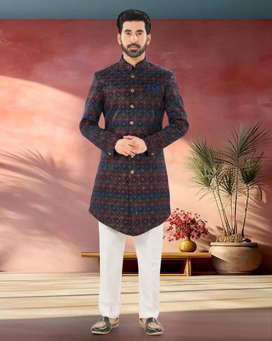 Blue Velvet Man Indowestern Readymade Sherwani With Multicolor Embroidery