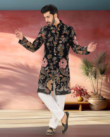 Blue Velvet Man Indowestern Readymade Sherwani With Multicolor Embroidery