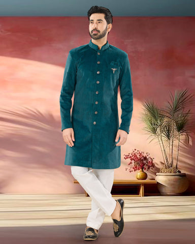 Green Suede Man Indowestern Readymade Suit With White Polo Pant