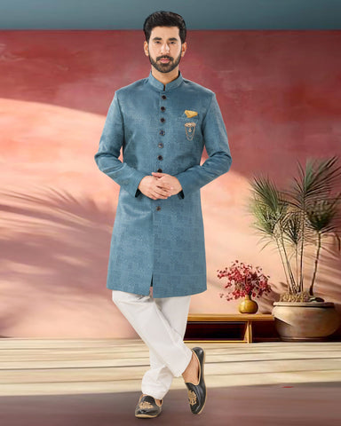 Blue Woven Jacquard Man Indowestern Readymade Sherwani With White Pant