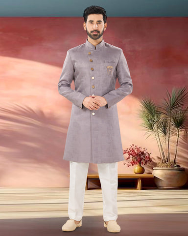 Lilac Woven Jacquard Man Indowestern Readymade Sherwani With White Pant