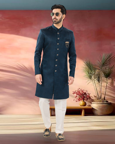 Blue Woven Jacquard Man Indowestern Readymade Sherwani With White Pant