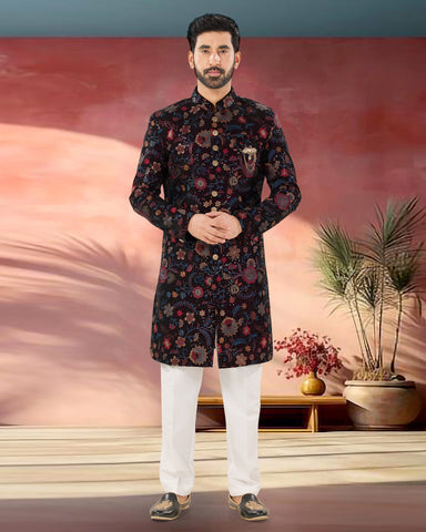 Wine Velvet Man Indowestern Readymade Sherwani With Embroidery