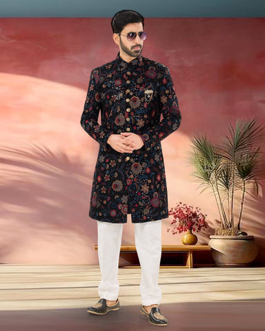 Blue Velvet Man Indowestern Readymade Sherwani With Embroidery