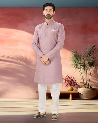 Onion Pink Silk Man Indowestern Readymade Sherwani With Sequins Embroidery