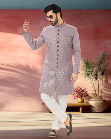 Onion Pink Woven Jacquard Man Indowestern Readymade Sherwani With White Pant
