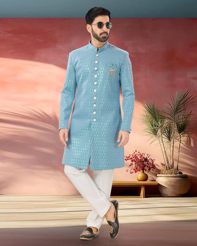 Blue Woven Jacquard Man Indowestern Readymade Sherwani With White Pant