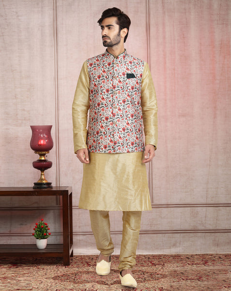 Beige Art Silk Readymade Men Kurta Chruidar Set With Banarasi Silk Jacket