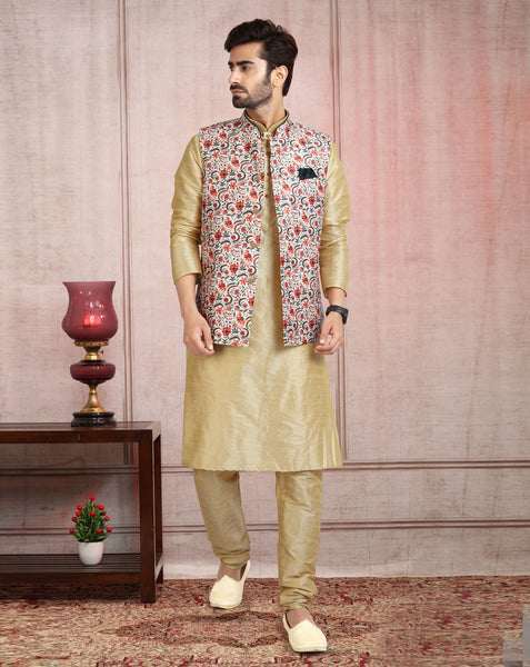 Beige Art Silk Readymade Men Kurta Chruidar Set With Banarasi Silk Jacket