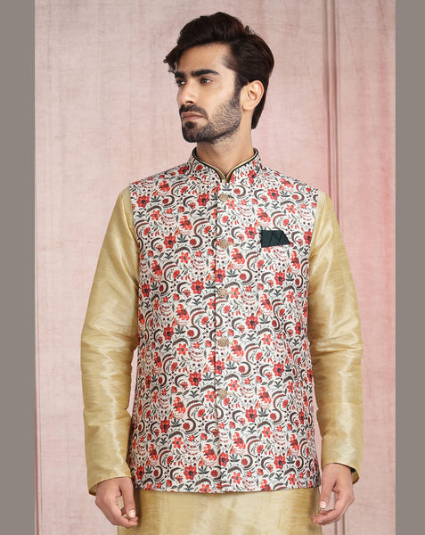 Beige Art Silk Readymade Men Kurta Chruidar Set With Banarasi Silk Jacket