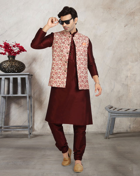 Maroon Art Silk Readymade Men Kurta Chruidar Set With Banarasi Silk Jacket