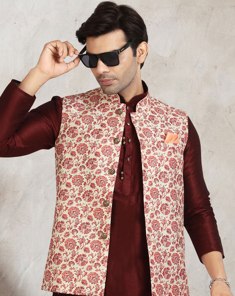 Maroon Art Silk Readymade Men Kurta Chruidar Set With Banarasi Silk Jacket