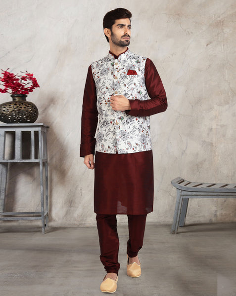 Brown Art Silk Readymade Men Kurta Chruidar Set With Banarasi Silk Jacket