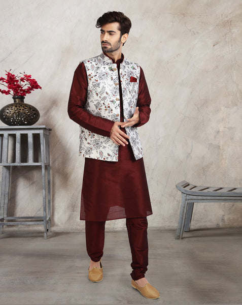 Brown Art Silk Readymade Men Kurta Chruidar Set With Banarasi Silk Jacket
