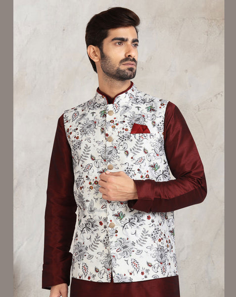 Brown Art Silk Readymade Men Kurta Chruidar Set With Banarasi Silk Jacket
