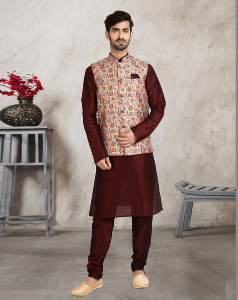 Maroon Art Silk Readymade Men Kurta Chruidar Set With Banarasi Silk Jacket