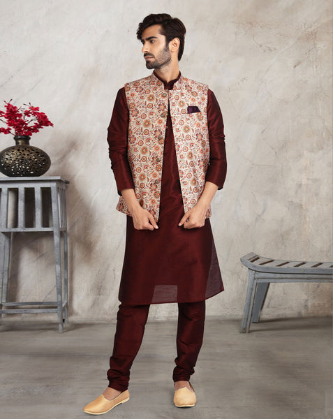 Maroon Art Silk Readymade Men Kurta Chruidar Set With Banarasi Silk Jacket