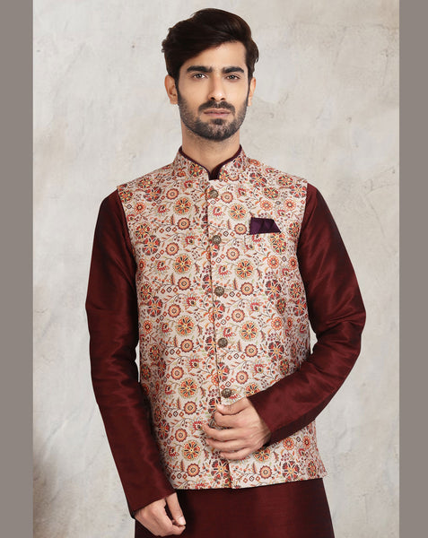 Maroon Art Silk Readymade Men Kurta Chruidar Set With Banarasi Silk Jacket