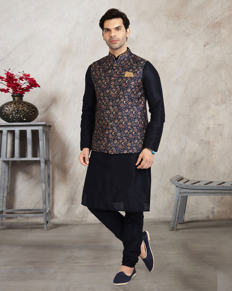 Blue Art Silk Readymade Men Kurta Chruidar Set With Banarasi Silk Jacket