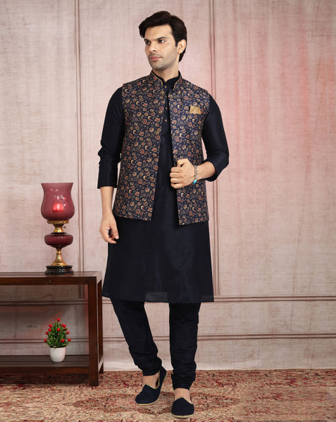 Blue Art Silk Readymade Men Kurta Chruidar Set With Banarasi Silk Jacket