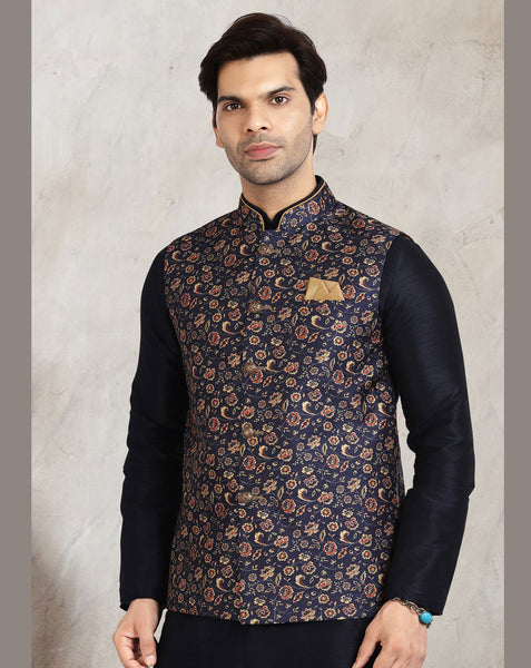 Blue Art Silk Readymade Men Kurta Chruidar Set With Banarasi Silk Jacket
