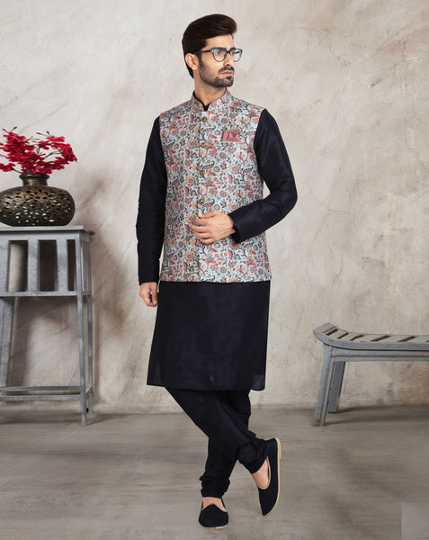 Blue Art Silk Readymade Men Kurta Chruidar Set With Banarasi Silk Jacket